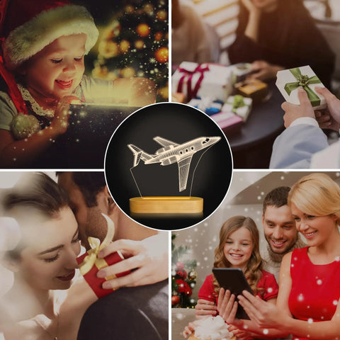 Lit 3D Airplane Illusion Night Light With Dimmable LED Wood Base, USB Powered Desk Lamp surrounded by people enjoying gifts