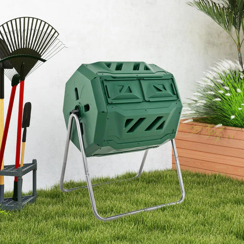 Dual Chamber 43 Gallon Outdoor Compost Tumbler With Sliding Doors And Included Gloves, Rotating Bin For Batch Composting