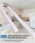 5 Pairs Hard-Hitting Hella Smooth Plastic Drawer Rails Side Mount Screw-On 11-Inch White in a modern kitchen setting.