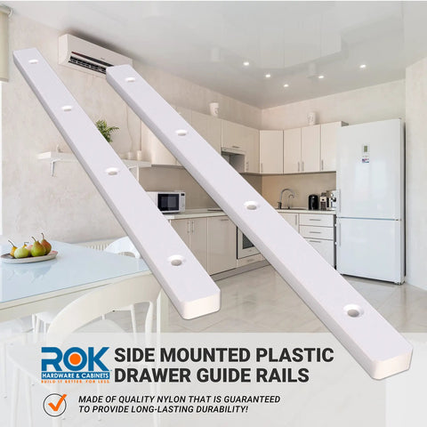 5 Pairs Hard-Hitting Hella Smooth Plastic Drawer Rails Side Mount Screw-On 11-Inch White in a modern kitchen setting.
