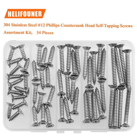 Workhorse Gauge 12 Wood Screws Assortment Kit, 54 Piece 304 Stainless Steel Phillips Countersunk Fasteners displayed in a clear case.