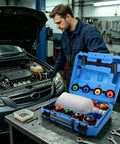 Grab This Ultimate Spillproof Universal Flexible Oil Funnel Kit For Clean Engine Bay With Splash Guard And Multi Adapter For Effortless Auto Oil Change on workbench.