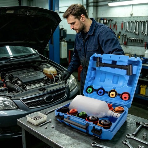 Grab This Ultimate Spillproof Universal Flexible Oil Funnel Kit For Clean Engine Bay With Splash Guard And Multi Adapter For Effortless Auto Oil Change on workbench.