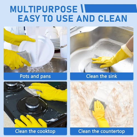 Heavy Duty Non Scratch Steel Wool Dishcloths And Scrubber Pads Kitchen Cleaning Set in use for cleaning pots and pans.