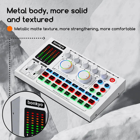 Live Sound Card With Lit RGB Lighting Effects Noise Reduction And Pro Audio Mixer Metal Body And Indicator Panel