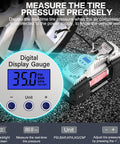 Close-up of Six Times Faster Inflation Portable 12V Air Compressor Pump with digital display showing tire pressure next to vehicle tire.