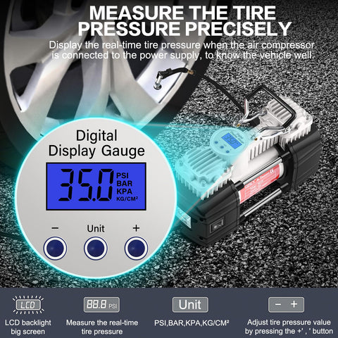 Close-up of Six Times Faster Inflation Portable 12V Air Compressor Pump with digital display showing tire pressure next to vehicle tire.
