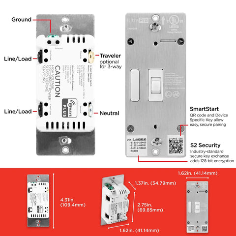 Back and side view of Z-Wave Smart Light Switch With QuickFit And SimpleWire, Plug And Play Installation, 3 Way Ready, White Finish.