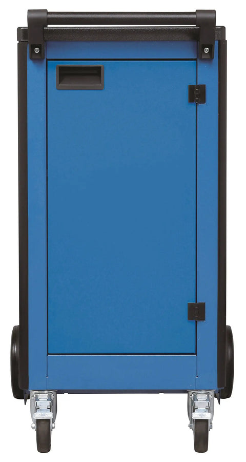 Heavy Duty Rolling Tool Trolley With Seven Deep Drawers Mobile Blue Steel Workshop Cart showing back view and wheels