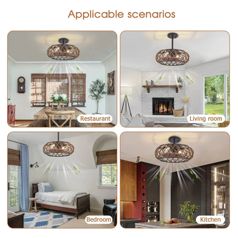 Caged Ceiling Fan With Lights For Farmhouse Vibe in dining, living, bedroom, and kitchen scenarios.