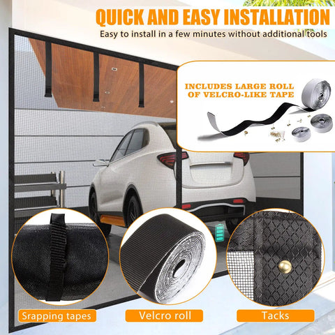 Heavy Duty Magnetic Garage Screen Door 16x7 Ft Fits 2 Car Garages, Fiberglass 2300g, hands-free with roll up straps