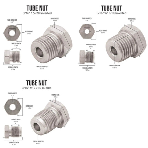 316L Stainless Steel Brake Line Kit fittings, tube nuts for 3/16 inch brake line, various sizes, rust resistant, high pressure