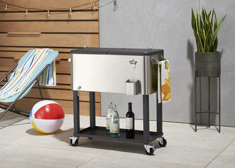 Stainless Steel Beverage Cooler On Wheels With Protective Cover, Rolling Cart With Shelf, 80 Quart Capacity, outdoor setup