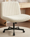 Cross Legged Comfy Office Desk Chair With Wheels Armless Swivel Fabric Seat Wide Space Saving Vanity Chair For Home Computer Task Beige