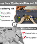 Comparing tidy and messy workbenches with and without Extra Large Soldering Mat Silicone Workstation Pad 23.5x13.7 Inches Pro Grade Heat Resistant Up To 932 Degrees Fahrenheit Non Slip Repair Mat For Soldering Iron DIY Projects Electronics Phone And Laptop Repair.