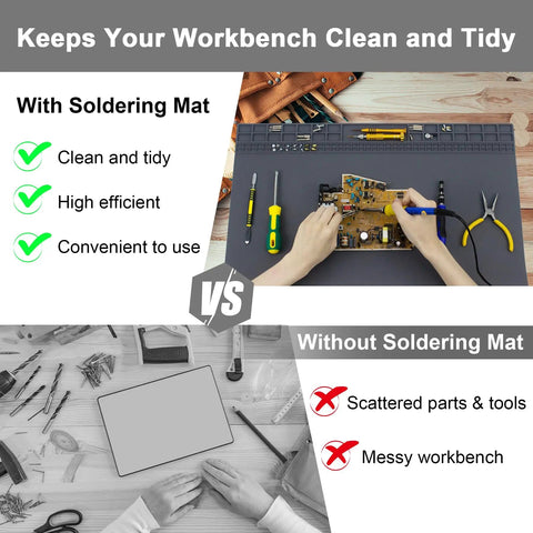 Comparing tidy and messy workbenches with and without Extra Large Soldering Mat Silicone Workstation Pad 23.5x13.7 Inches Pro Grade Heat Resistant Up To 932 Degrees Fahrenheit Non Slip Repair Mat For Soldering Iron DIY Projects Electronics Phone And Laptop Repair.
