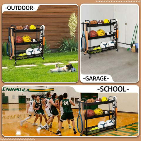 Heavy Duty Basketball Storage Rack With 3 Shelves And Rolling Wheels Beast Steel Stand in outdoor, garage, school settings
