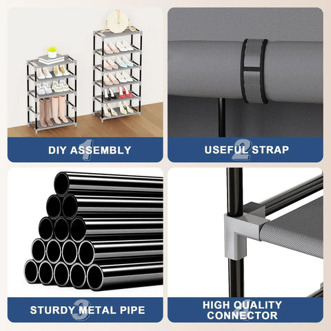 10 Tier Tall Shoe Organizer With Dustproof Cover Large Capacity Shoe Storage Rack For Entryway Closet Or Garage Holds 18 To 22 Pairs Grey, showing assembly details, metal pipes, and connectors.