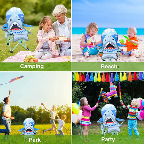 Kids Outdoor Folding Lawn And Camping Chair With Cup Holder And Carrying Bag For Beach And Travel, Sturdy Steel Frame, Water Resistant Oxford Cloth, Cute Shark Pattern, Portable Seat For Little Explorers at camping, beach, park, and party