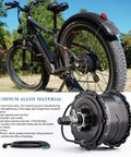 48V 1000W Rear Hub Motor for E Bikes with 9 Pin Connector IP65 Waterproof Aluminum Alloy Body and Bike in Background