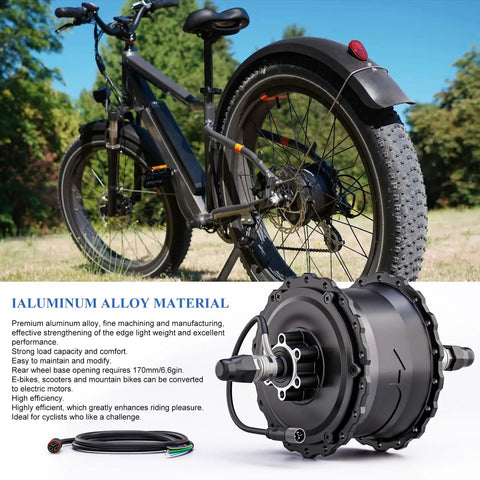 48V 1000W Rear Hub Motor for E Bikes with 9 Pin Connector IP65 Waterproof Aluminum Alloy Body and Bike in Background