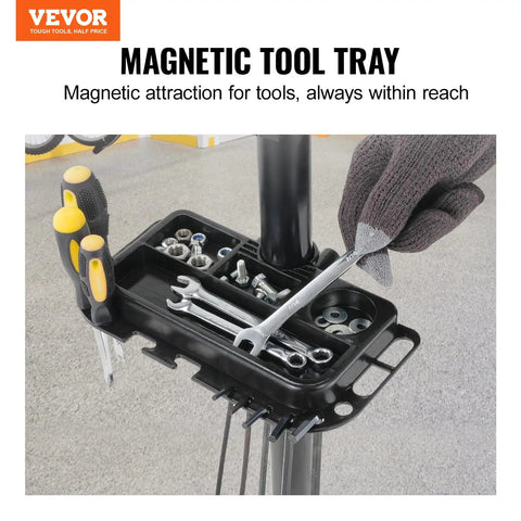 Close-up of magnetic tool tray on Heavy Duty Bike Repair Stand With Four Leg Base Adjustable 42.5 To 74.8 Inch Height Maintenance Stand.