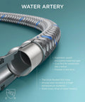 Close-up of flexible PEX hose for Brushed Nickel 8 Inch Widespread Bathroom Faucet With Two Handles 360 Degree Swivel Pop Up Drain.