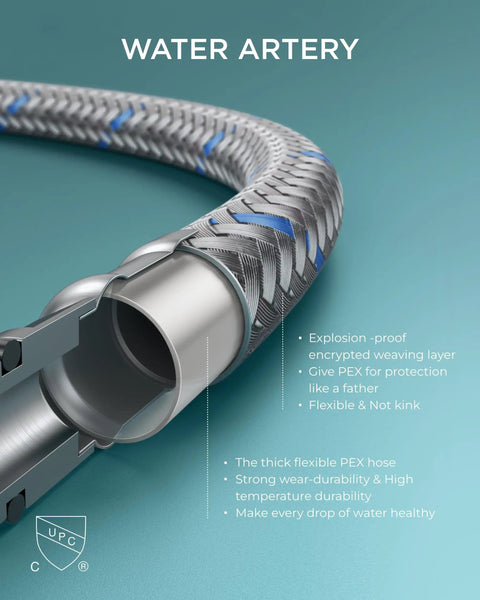 Close-up of flexible PEX hose with explosion-proof layer from Two Handle 8 Inch Widespread Oil Rubbed Bronze Bathroom Faucet.