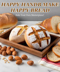 Freshly baked artisan bread on a wooden tray with almonds, showcasing the Pro Grade Sourdough Starter Kit With 2 9 Inch Round Banneton Proofing Baskets 24 Oz Glass Jar Danish Dough Whisk And Scraper For Quick Easy Artisan Bread Making At Home.