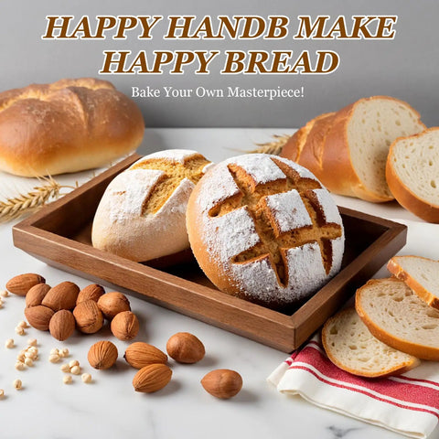 Freshly baked artisan bread on a wooden tray with almonds, showcasing the Pro Grade Sourdough Starter Kit With 2 9 Inch Round Banneton Proofing Baskets 24 Oz Glass Jar Danish Dough Whisk And Scraper For Quick Easy Artisan Bread Making At Home.