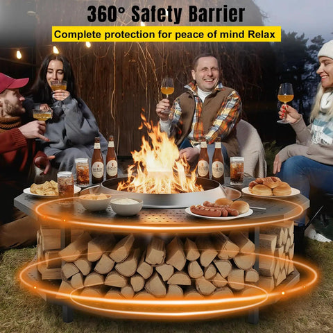 41 Inch Fire Pit Surround Tabletop Universal Fit For 21 Inch Pits with built-in firewood storage and protective barrier