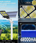 800W Dusk To Dawn Solar Street Light With 792 LED Beads, 60000 Lumens, remote control, panel, and battery in view