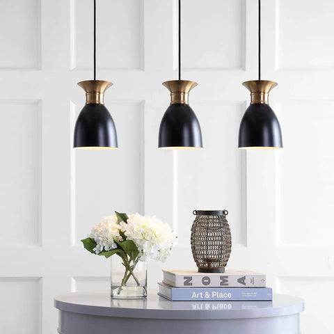 Black And Brass Gold Dope Modern Metal LED Pendant Light Fixture With Adjustable Hanging Design For Kitchen Island Or Bedside Slick Metal Shade LED Bulb Included For Quick Easy Install