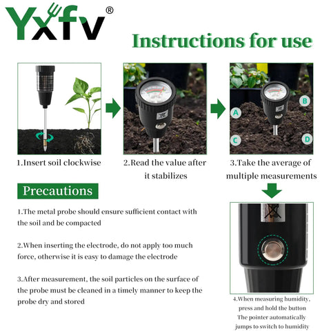 Instructions for using All In One Soil PH Tester And Moisture Light Meter With 11.6 Inch Probe No Battery Needed For Gardeners And DIYers