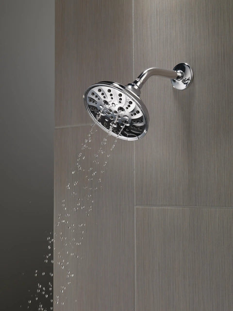 H2Okinetic 5 Setting Raincan Shower Head With Massage Full Body Spray Chrome Finish Easy Clean Rubber Touch Clean Spray Holes Installs In Minutes For Spa Like Showers And Calming Rains, mounted on bathroom wall