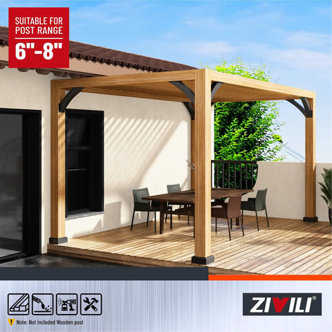 Side view of Heavy Duty 4 Pack Pergola Brackets For Wood Support, 4 By 4 Inch, 45 Degree Arc Angle, supporting a wooden pergola.