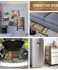 Lightweight Aluminum 3 Step Folding Ladder with Wide Anti Slip Pedals stored compactly under a sofa and in a car trunk