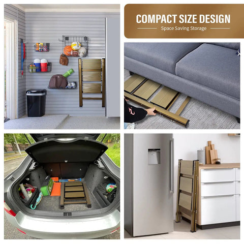 Lightweight Aluminum 3 Step Folding Ladder with Wide Anti Slip Pedals stored compactly under a sofa and in a car trunk