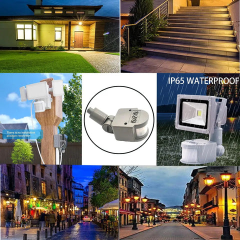 Collage featuring PIR Motion Detector Outdoor Sensor Switch for LED Lights, Auto Dusk To Dawn, waterproof smart switch, Passive Infrared Human Body Sensor, AC110-220V.