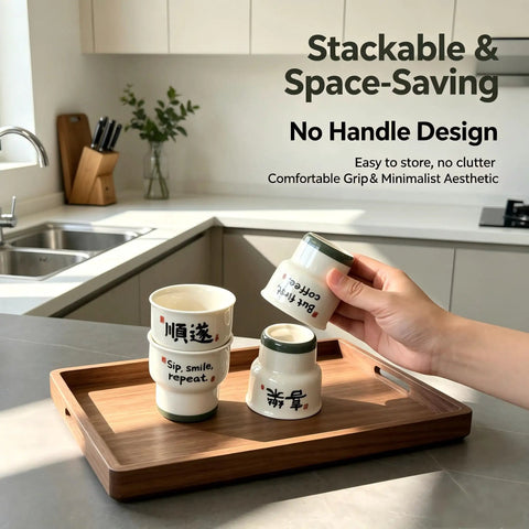 Stacked Ceramic Demitasse Espresso Cups Set Of 2, 3.52 Oz Handleless Demitasse Mugs displayed on wooden tray in modern kitchen.