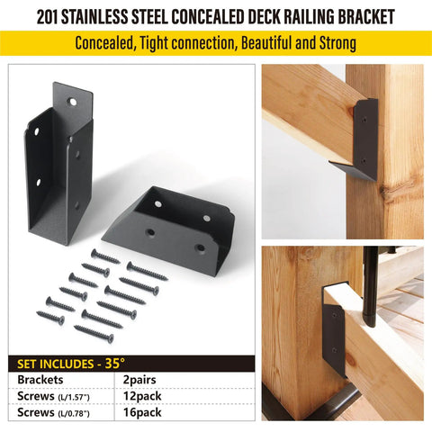 201 Stainless Steel Deck Railing Connectors Fit 2 By 4 Lumber Black Powder Coated brackets and screws set for outdoor use.