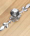 Close-up of a Crystal Glass Diamond Cabinet Knob with decorative plate, part of a set of 5, for drawers, dressers, and cupboards.