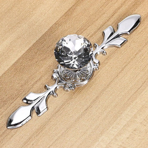 Close-up of a Crystal Glass Diamond Cabinet Knob with decorative plate, part of a set of 5, for drawers, dressers, and cupboards.