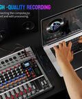 Person using Eight Channel DJ Mixer With Bluetooth And USB Interface For Pro Sound DSP With Sixteen Preset Effects connected to laptop.