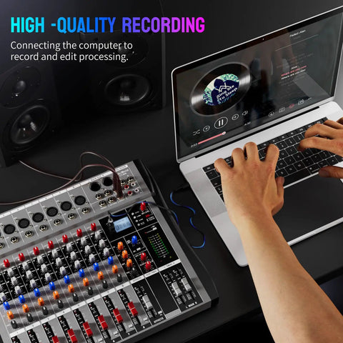 Person using Eight Channel DJ Mixer With Bluetooth And USB Interface For Pro Sound DSP With Sixteen Preset Effects connected to laptop.