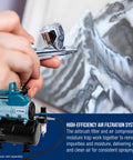 Front view of Master Airbrush pressure regulator with gauge and moisture trap connected to a blue air compressor.