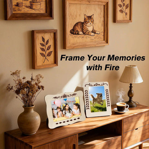 Wall with wood-burned art, cat and leaf designs, framed photos; a display showcasing All In One Wood Burning Kit With Adjustable Temperature Pen 81 Piece Pyrography Set For Wood Leather Foam And Fabric Includes 14 Tips And Case Ideal Gift For Adults And Teens Beginner Friendly.