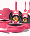15 Piece Nonstick Pots And Pans Set With Detachable Handle For Induction Cooktop in vibrant pink with accessories