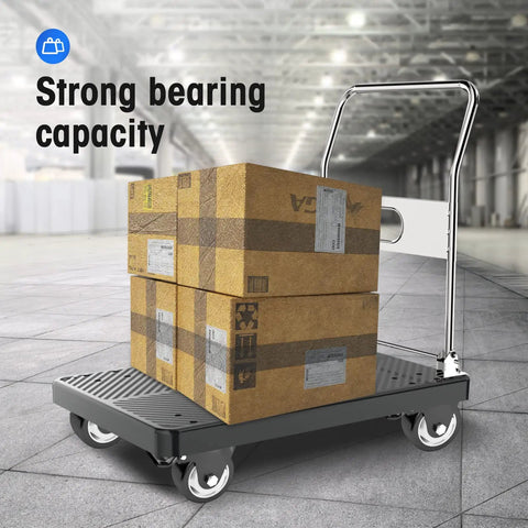 Built Tough 3 Inch Swivel Plate Casters With Secure Wheel Brakes And Smooth Double Ball Bearings For Heavy Duty Cart Work That Rolls Easy All Day Long on a sturdy cart with boxes.