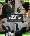 Collage showing Angled Barbell Grips Pro for Joint Support and Muscle Activation in use, including bench press, bicep curls, pull-ups, and tricep extensions